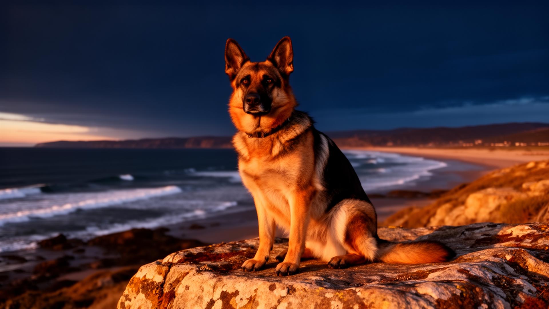 German Shepherd at golden hour on the Long Island shoreline